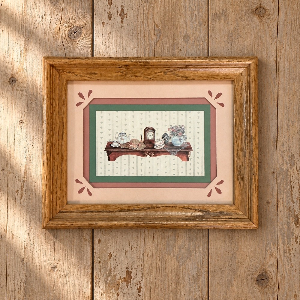 Vintage Oak Framed Still Life Art Print Teapot Clock Floral Cottagecore 9.5x7.5